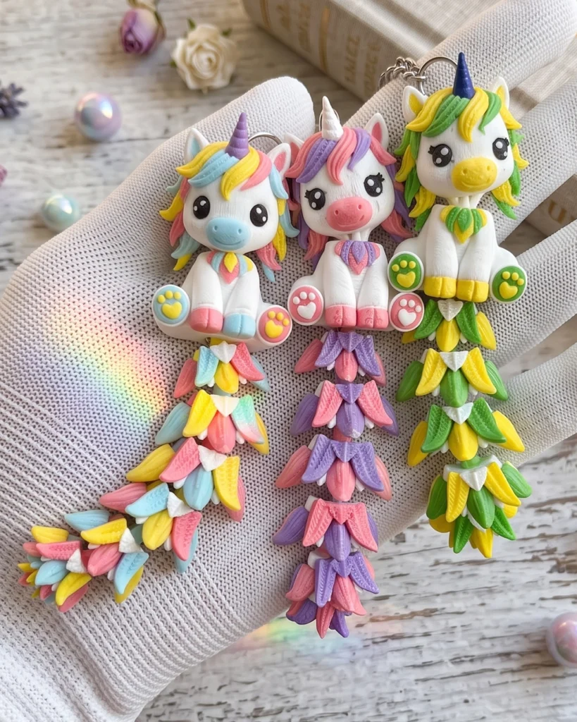 llaveros con forma de unicornio colita flexible impresión 3d